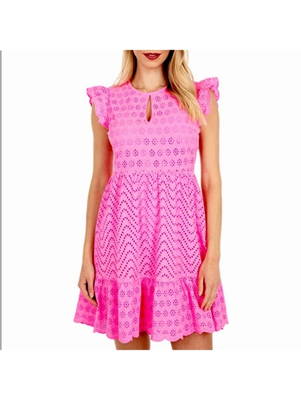 Vineyard Vines Hot Pink Eyelet Keyhole Ruffle Mini Dress